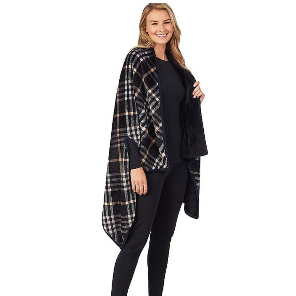 Cuddl Duds Womens Wrap L/XL Black Plaid Fleece Open Front Thumbholes Cozy Lounge